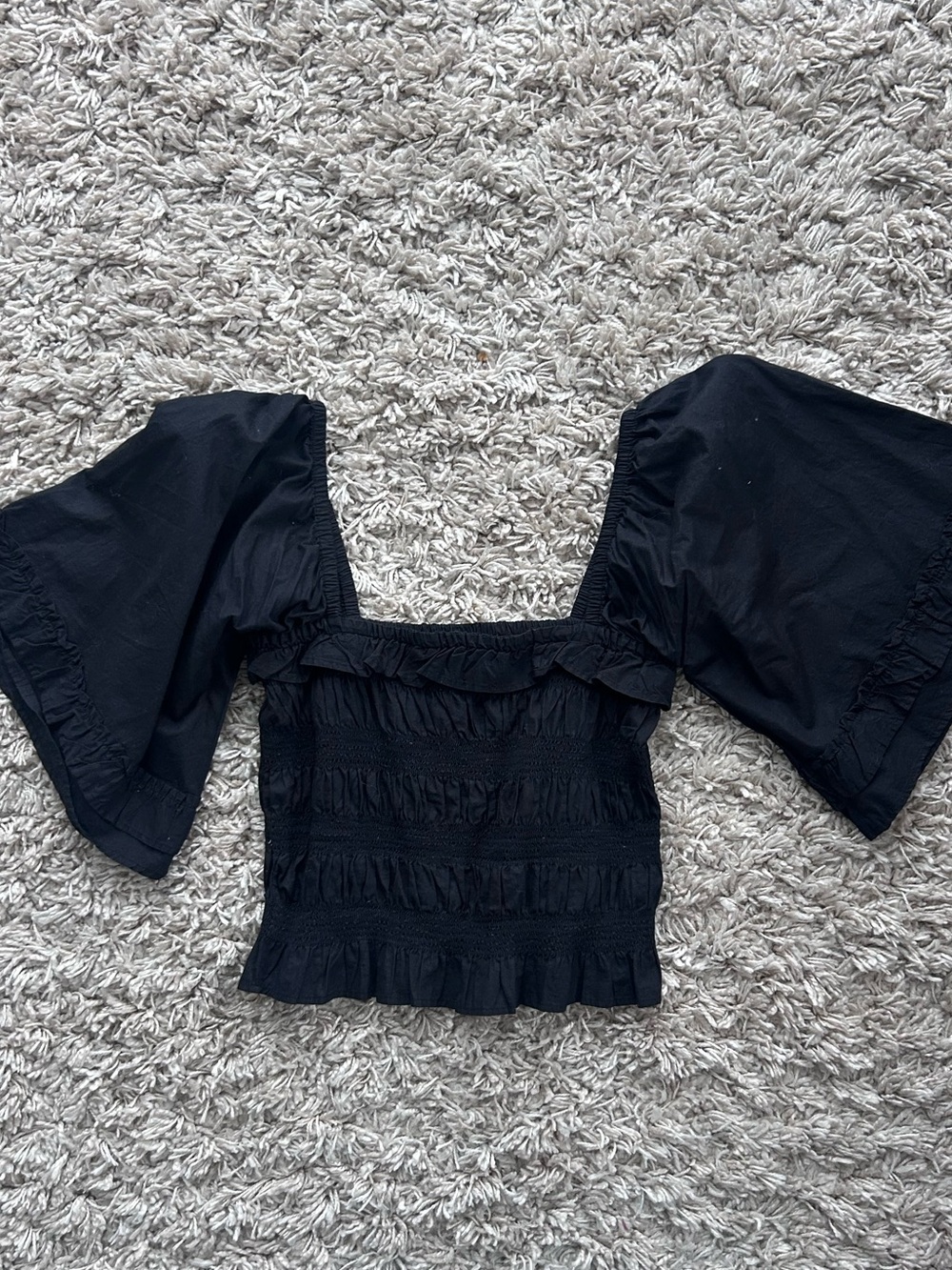 Free People Black Smocked Square-Neck Crop Top with Statement Bell Sleeves